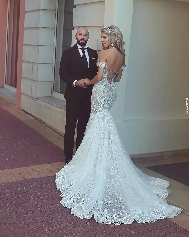 off shoulder sweetheart fashion  western long tail lace vestidos de novia bride dress sexy mermaid bridal gowns  wedding dress