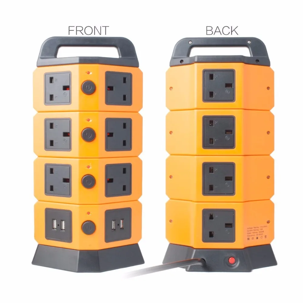 
Tower Power Strip 2500W Smart Socket Surge Protector 10 UK Socket 4 USB Charging Station 6.5ft Extension Cord Orange 