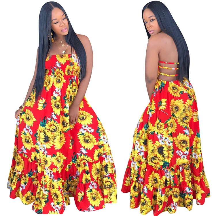 
2019 Halter Sexy African Ladies Summer Sun Flower Print Maxi Dresses Women Beach Casual Long Sun Dress 