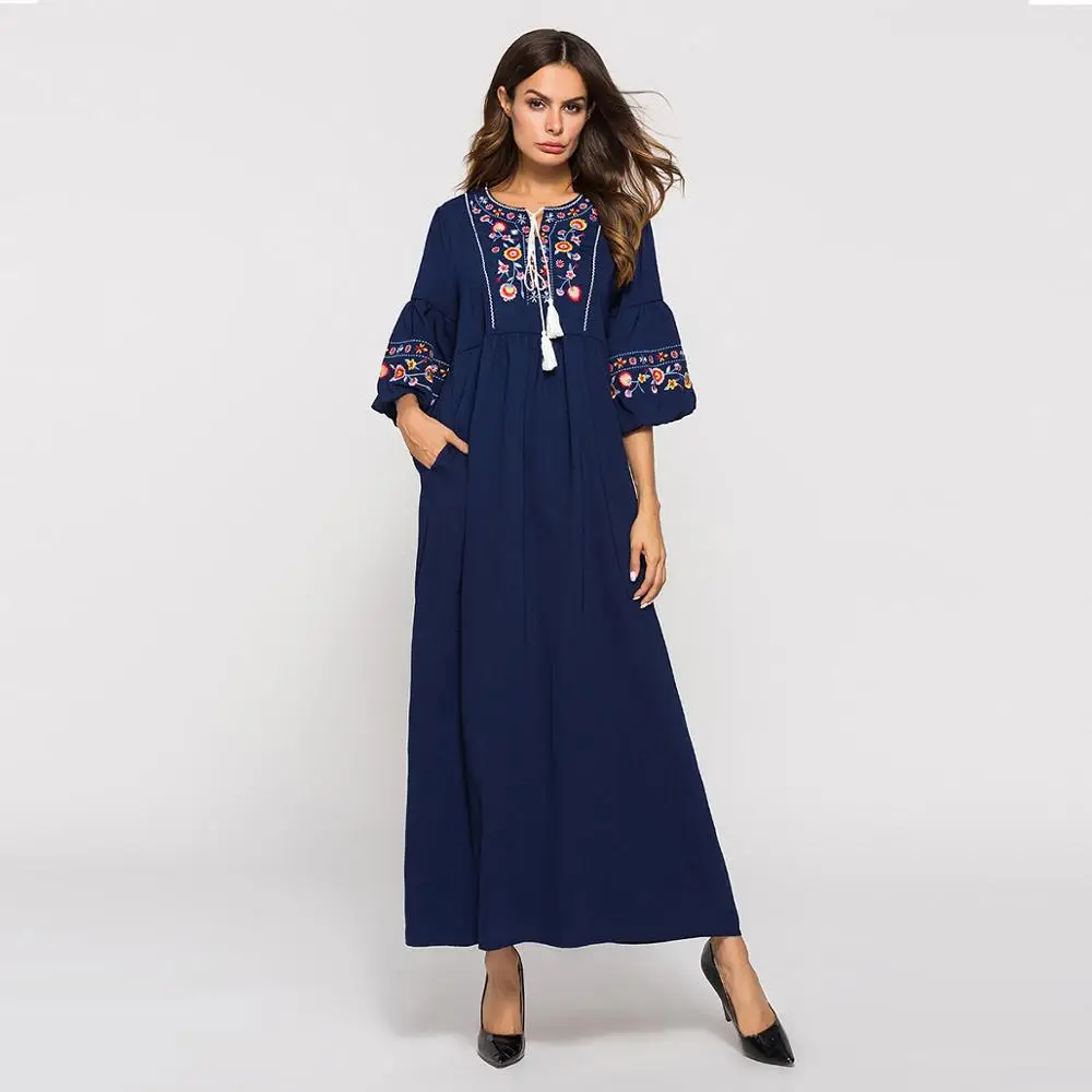 Embroidery Muslim Half Sleeve Abaya Muslim Dress For Women