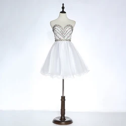 Sweetheart lace edge crystal beaded women party dresses white short prom dress