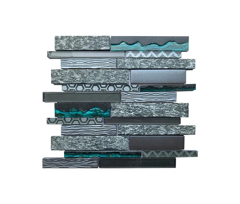 Wall Decorative Backsplash Tile Irregular Strip Glass Stone Mosaic Tile
