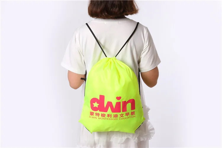 Custom Promotional Waterproof 210D Polyester Black Sports Nylon Drawstring String Back Pack Gift Bag with Zipper Pocket logo
