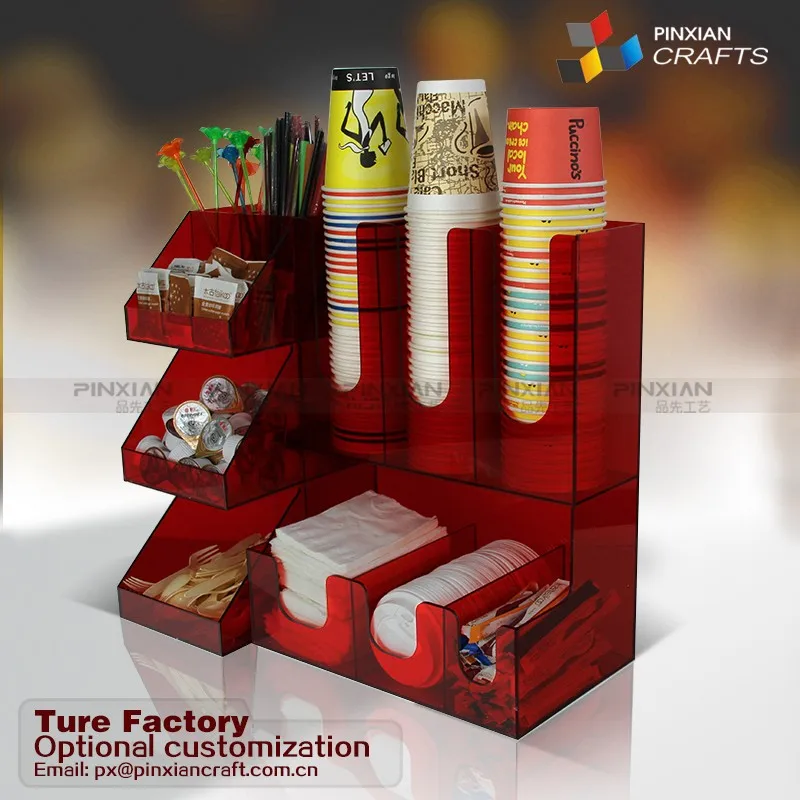 Acrylic mug cup display milk sugar packets ball knife fork straw spoon combo coffee cup display rack