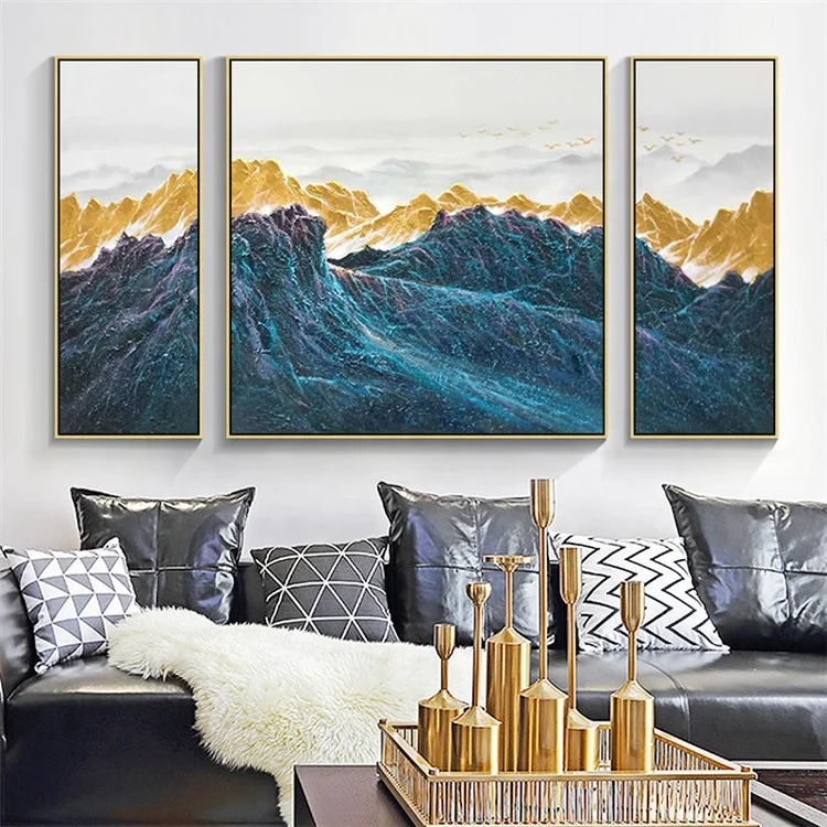 3 pieces Wall Art mountains Peaks Modern landscape birds Gold Art abstract Painting on canvas Blue Original Pictures