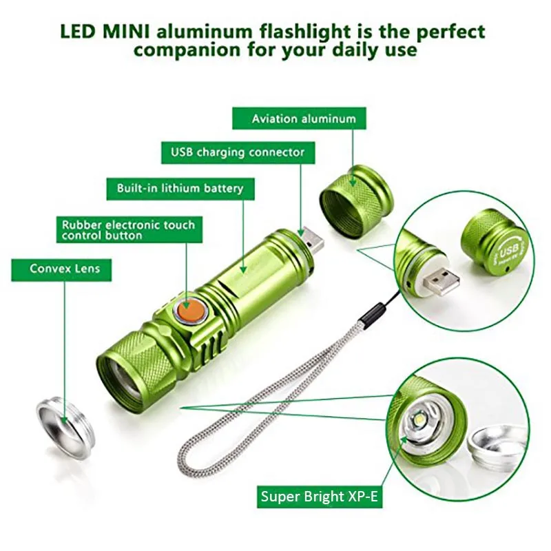 flashlight torch led torch light usb charger high power focus 1100lumen 18650 zoom XML2-T6 led rechargeable flashlight
