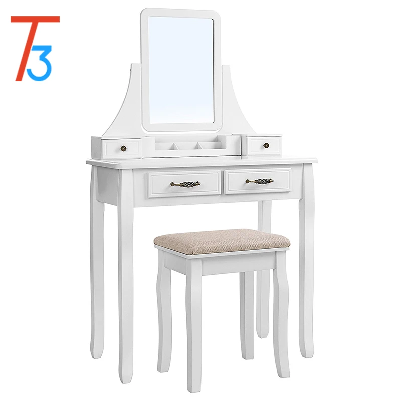 2 large sliding drawers, removable makeup organizer for brushes, nail polishes, dressing table with mirror and stool white
