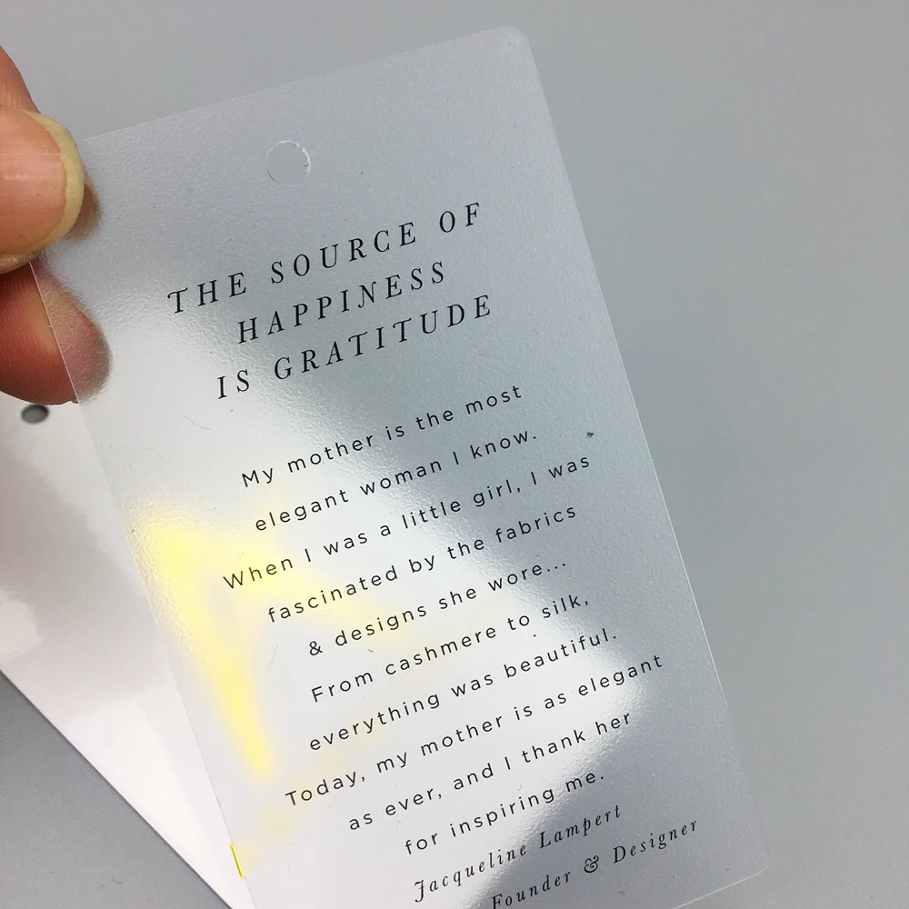 Custom transparent hanging clear PVC garments price string plastic clothing hang tag