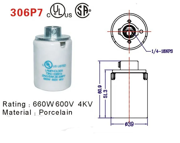 E26 ceramic damp use lamp holder with grounding terminal