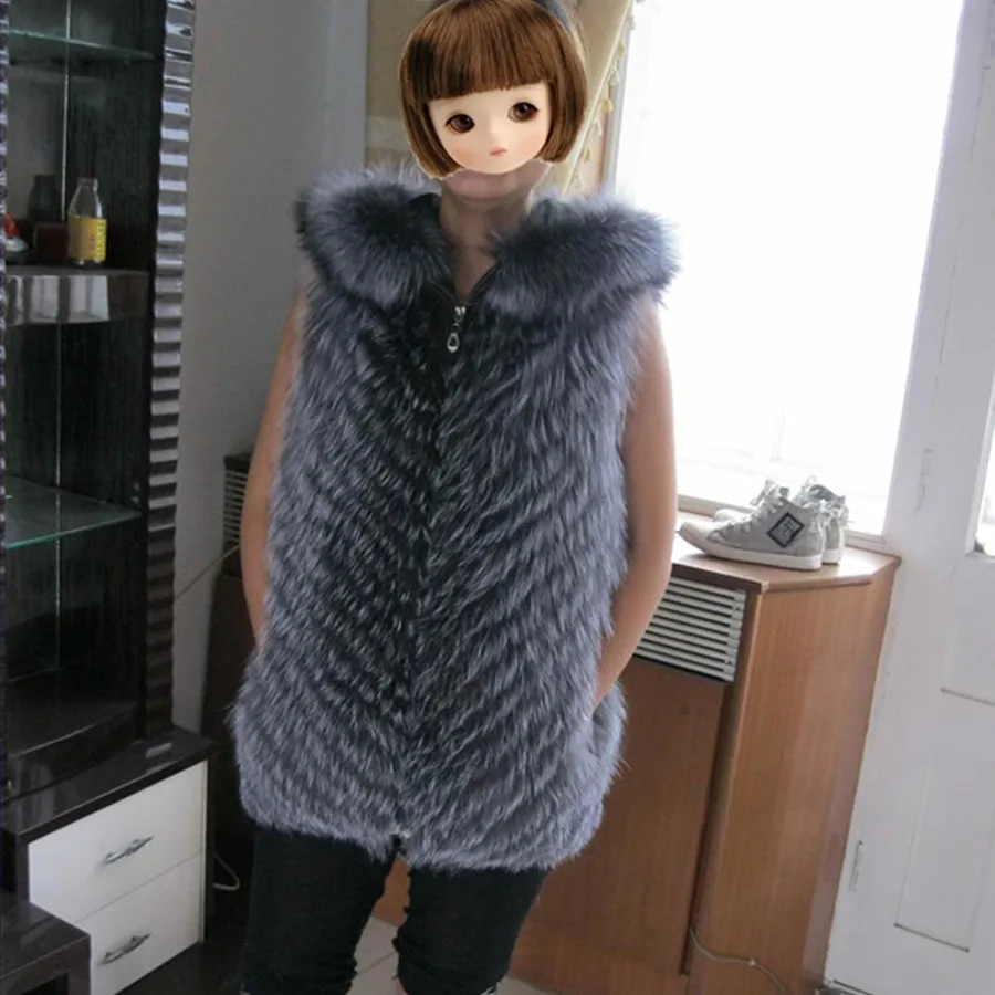 
High Quality Women Genuine Silver Fox Fur Vest with hood 