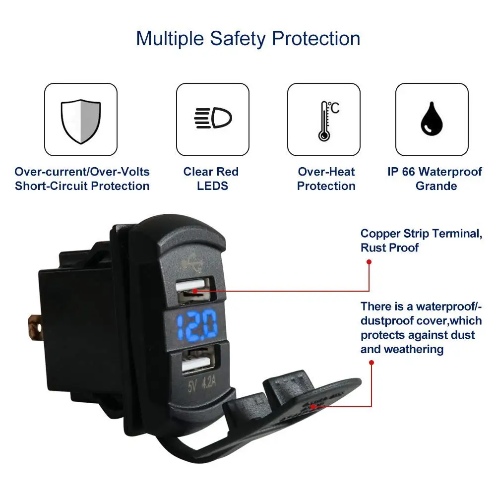 12-24V Dual USB Car Charger Rocker Switch 5V 4.2A Auto Charger