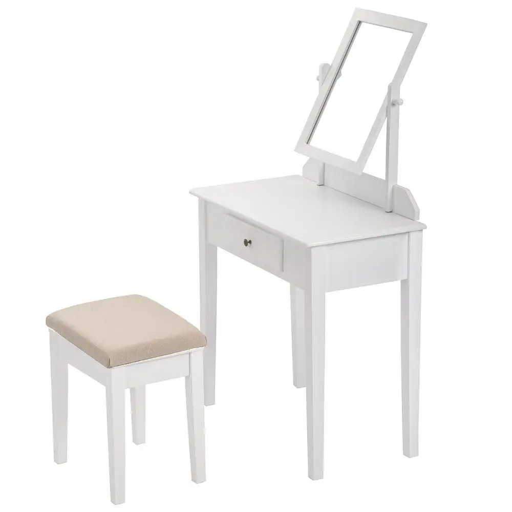 
New White Make Up Table Wood Jewelry Table And Stool With Mirror 