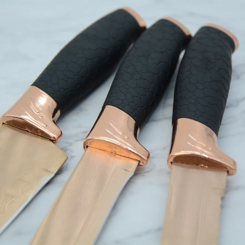 High Quality Stainless Steel Coating Rose Gold 5pcs Kitchen Chef Knife Set With Black TPR Handle