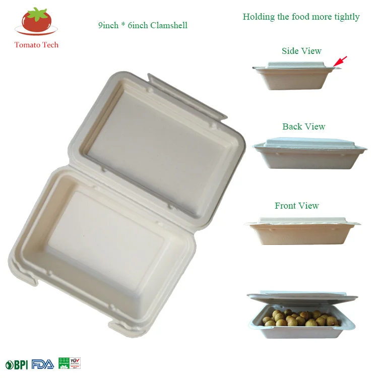 Eco-friendly Disposable Sugarcane bagasse pulp food container, one compartment clamshell, 825ml