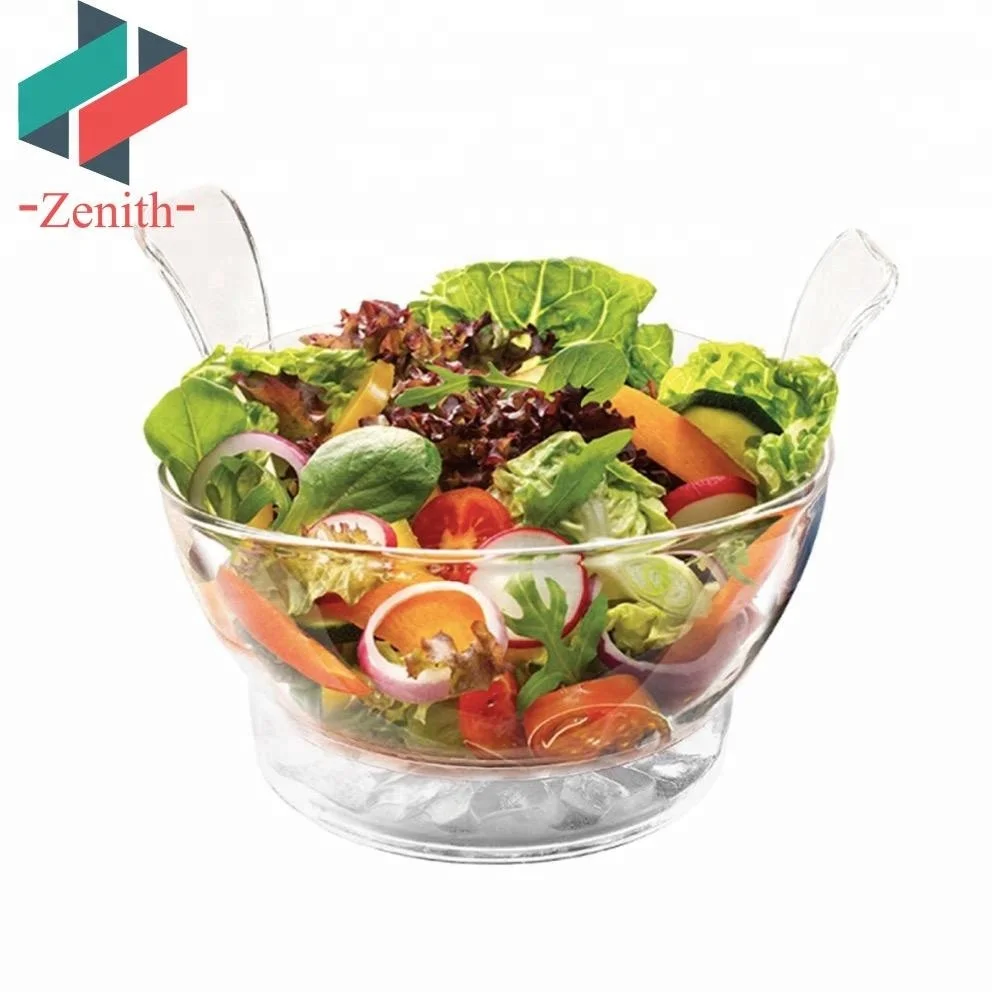 ZNK00001 Best Quality Clear Acrylic Salad Bowl on Ice with Lid and Fork