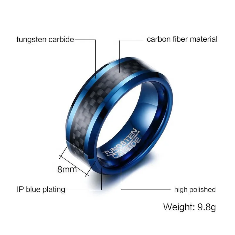 
In Stock Cheap 8mm Tungsten Carbide Ring Mens Blue Carbon Fiber 