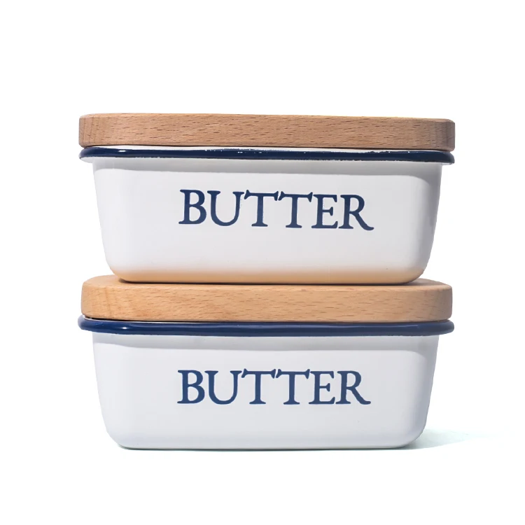 Customized logo printing White and Blue rim Metal Enamel Butter Dish with Wooden lid 15*10cm
