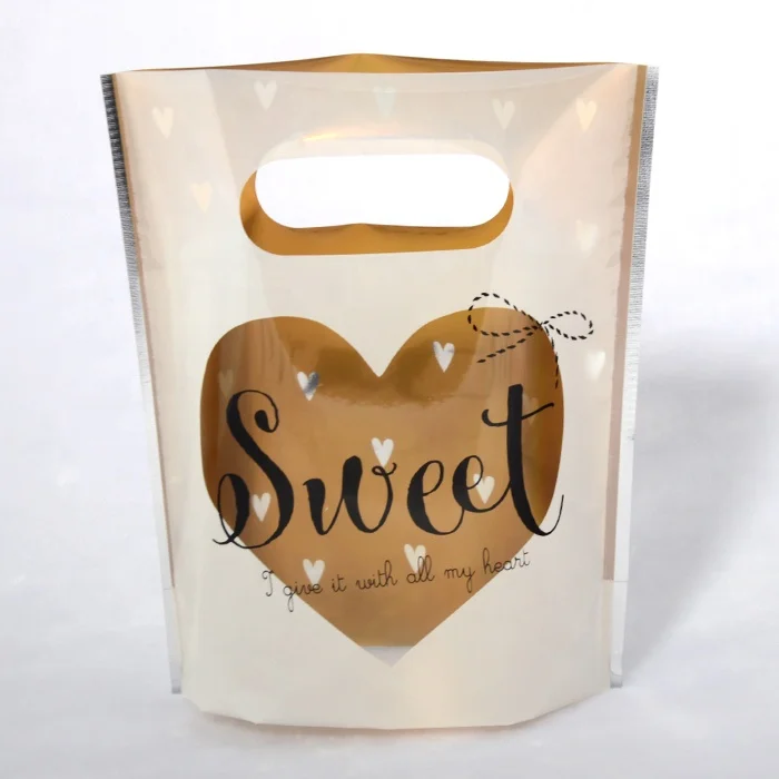 Custom cosmetic pouch die cut gold foil gift silver back handle plastic bag with bottom gusset metallic reusable shopping bag