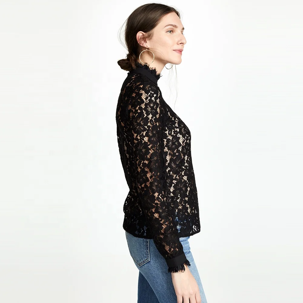 Autumn ladies long sleeves blouses tops black lace blouses shirts