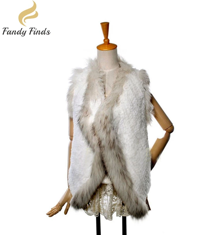 High Quality Natural Knitted Rabbit Fur Vest with Raccoon Fur Vest Cardigan
