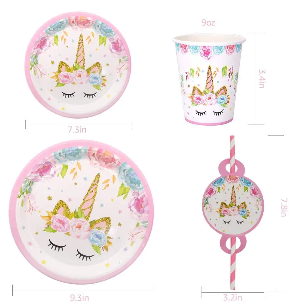 147pcs Plates Straws Cups Knives Spoons Forks Happy Birthday Banner Unicorn Headband Unicorn Party Supplies and Decorations Set