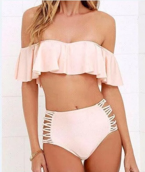 Amazon hot sale high waist swimwear lotus leaf strapless bikini bathing suit for women