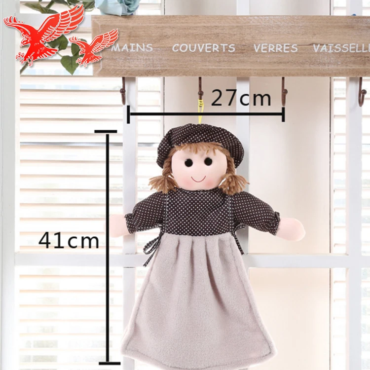 China Factory Wholesale Custom Cartoon Soft Eco-friendly Microfiber Doll Shape Coral Fleece Kids Hanging Hand Towel