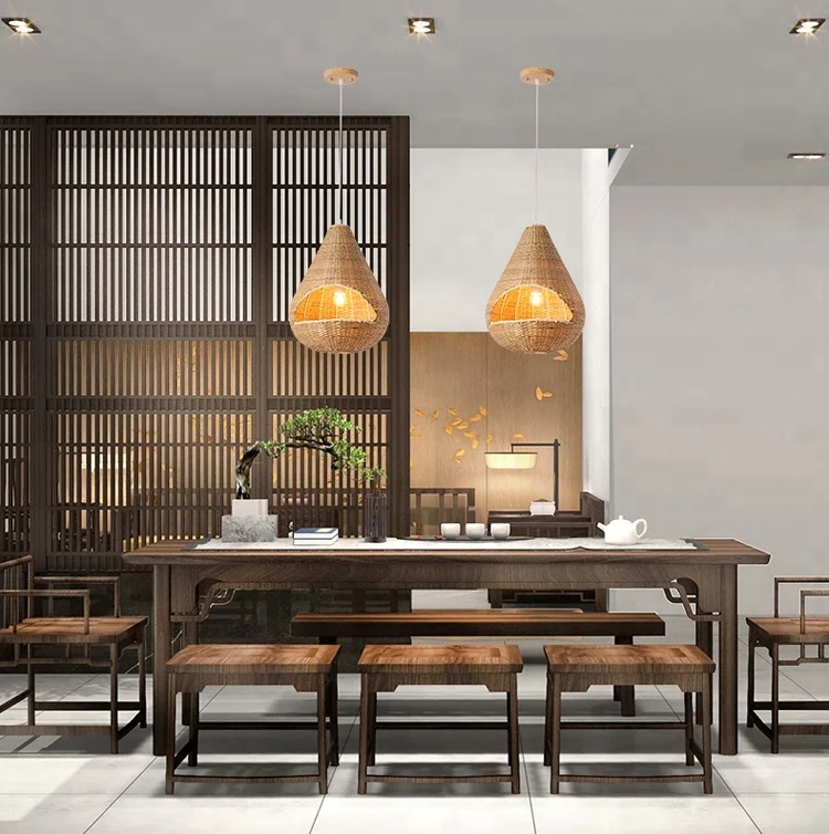 Retro Handmade Rattan Indoor Decoration Wicker Hanging Lights Bamboo Shade Lamp Pendant