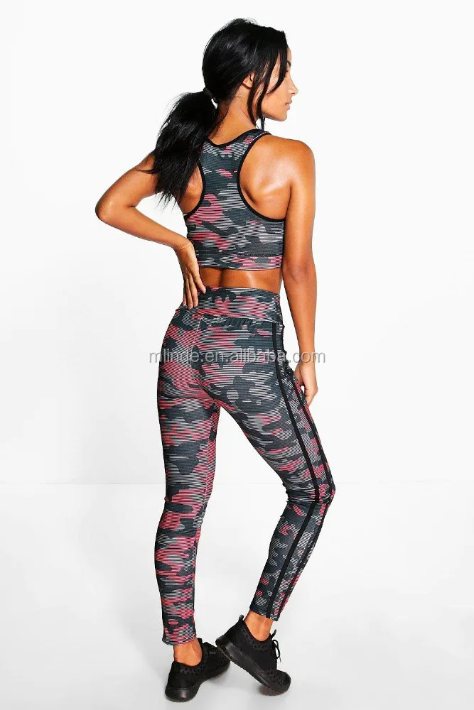 Camo Print Sports Crop Tops And Running Leggings Set Fashion Women Leggings And Tops