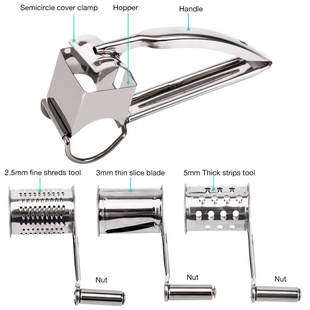 Hot Selling Stainless Steel Cheese Grater Rotary 4pcs Drums Interchanging Cheese Grater Cheese  Drums Slicer