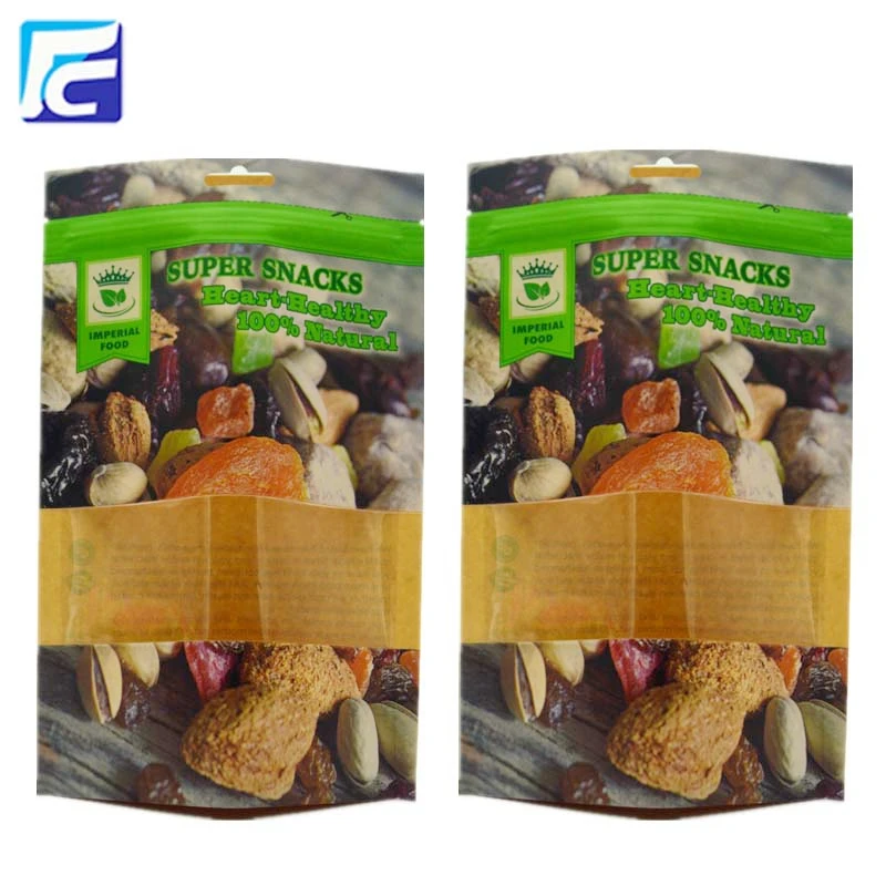 Resealable Kraft Paper Food Grade Three Side Seal Aluminum Foil Cookie Packaging Bags with Clear Window