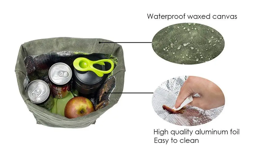 Insulated Reusable Thermal Waxed Canvas Lunch Tote Bag