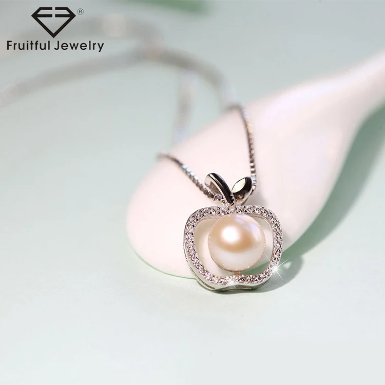 Market Price Freshwater Pearl Little Apple Fruit Rhinestone Pendant Christmas Girlfriend Gift Sliver Necklace Charms