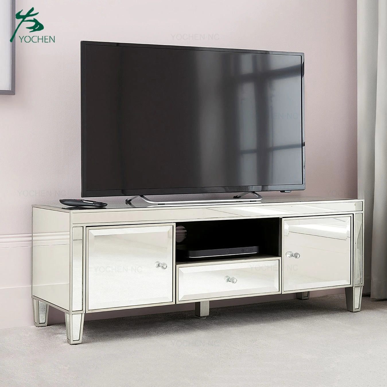 Living room 2 door silver glass mirrored furniture modern tv stand furniture