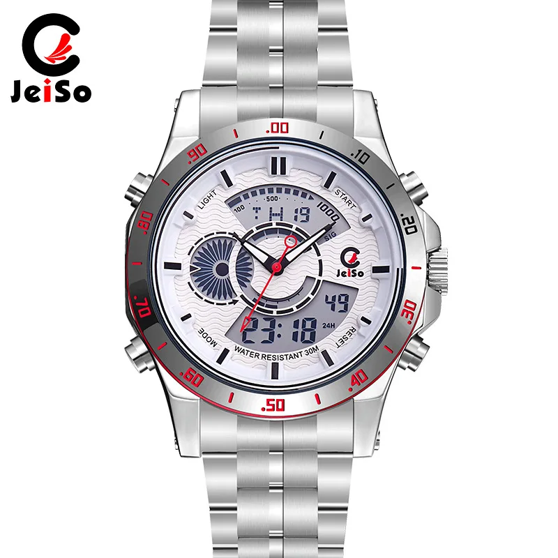 JeiSo Quartz Multifunctional Sports Alloy Watch Genuine Waterproof Dual Display Movement LCD White Steel Band