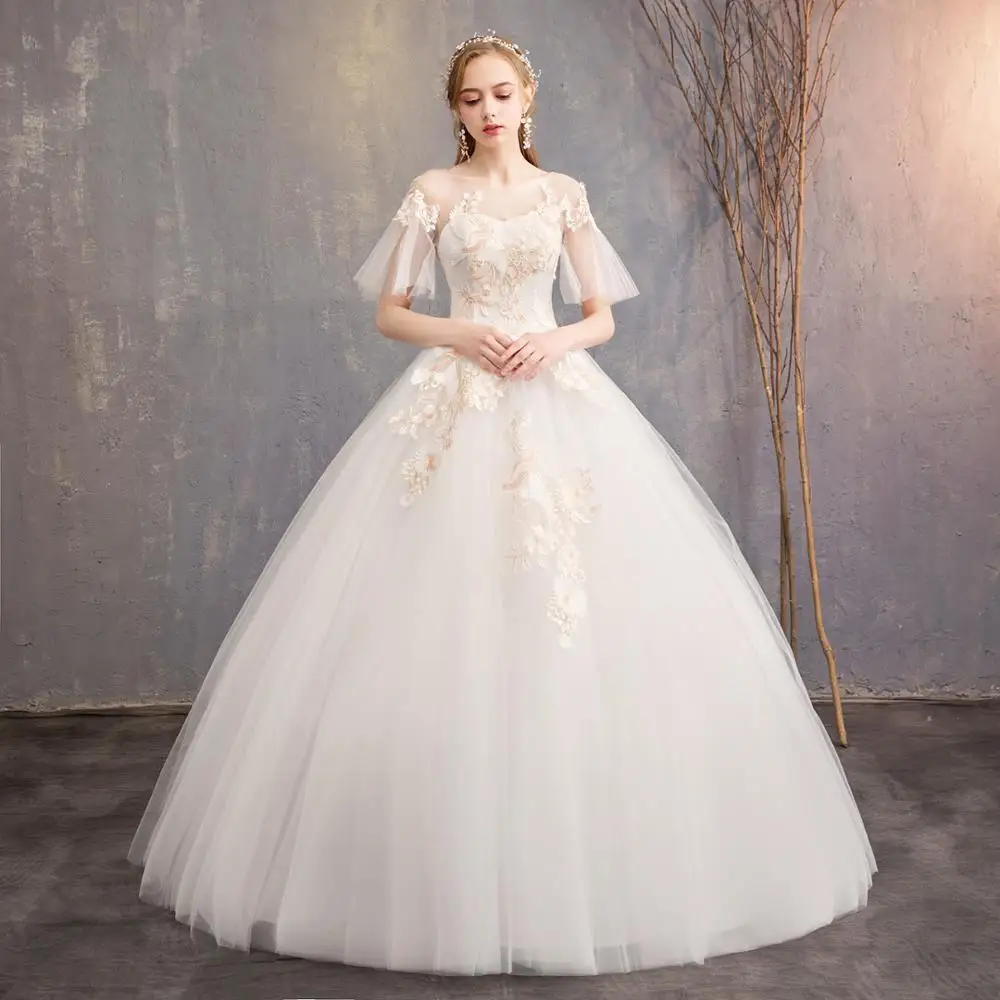 Spring New Trendy Short Flare Bell Sleeve Wedding Dresses Simple O-neck Lace Up Back Wedding Gown