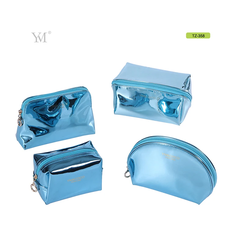Shiny blue custom clutch travel makeup cosmetic set bag for gift