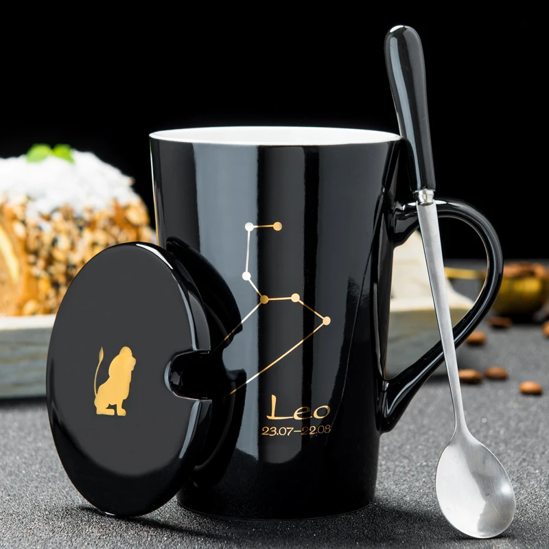 12 Constellations Creative Ceramic Mugs with Spoon Lid Black and Gold Porcelain Zodiac Milk Coffee Cup