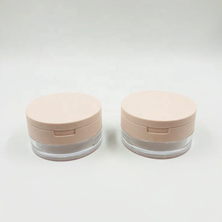 Popular 15g pink round plastic loose powder jar container with mirror and sifter / portable flip cosmetic packaging