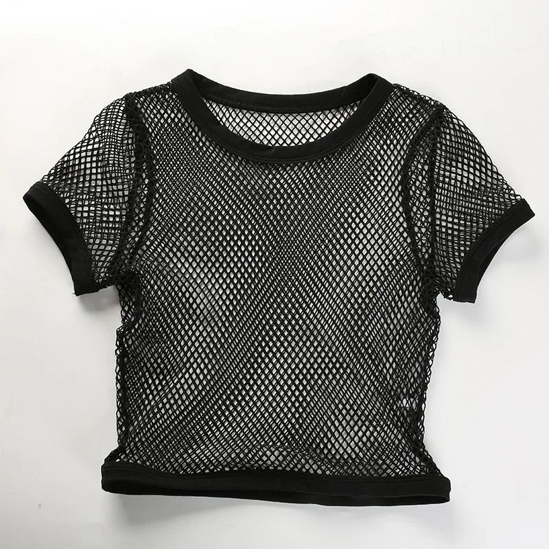 ZH3592G Sexy Black Mesh Women Crop Tops Wholesale O Neck Short Sleeves Short Fashion Girls T Shirts Transparent Blouses