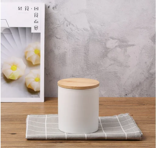 Home goods cylinder white ceramic canister containers / tea coffee sugar canister set with wood lid
