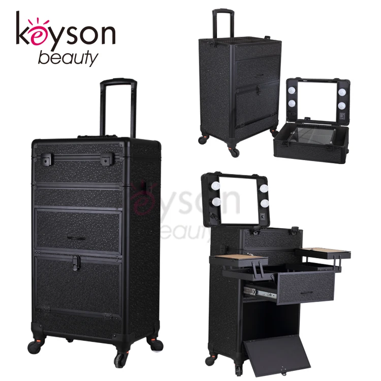 Keyson Lighted Salon Station Makeup Case Salon Beauty Aluminium Trolley case Rolling Makeup Case with Lights