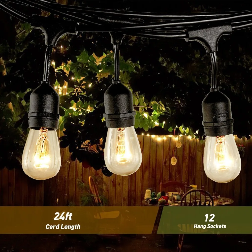 24 Feet Commercial Grade Outdoor LED String Lights Weatherproof with 12 Hanging Sockets 18 Edison Bulbs Included IP65 Rating