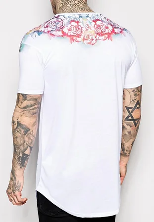 Longline cutting anti-shrink unique cotton short sleeves multiple rose printing curved hem t shirt