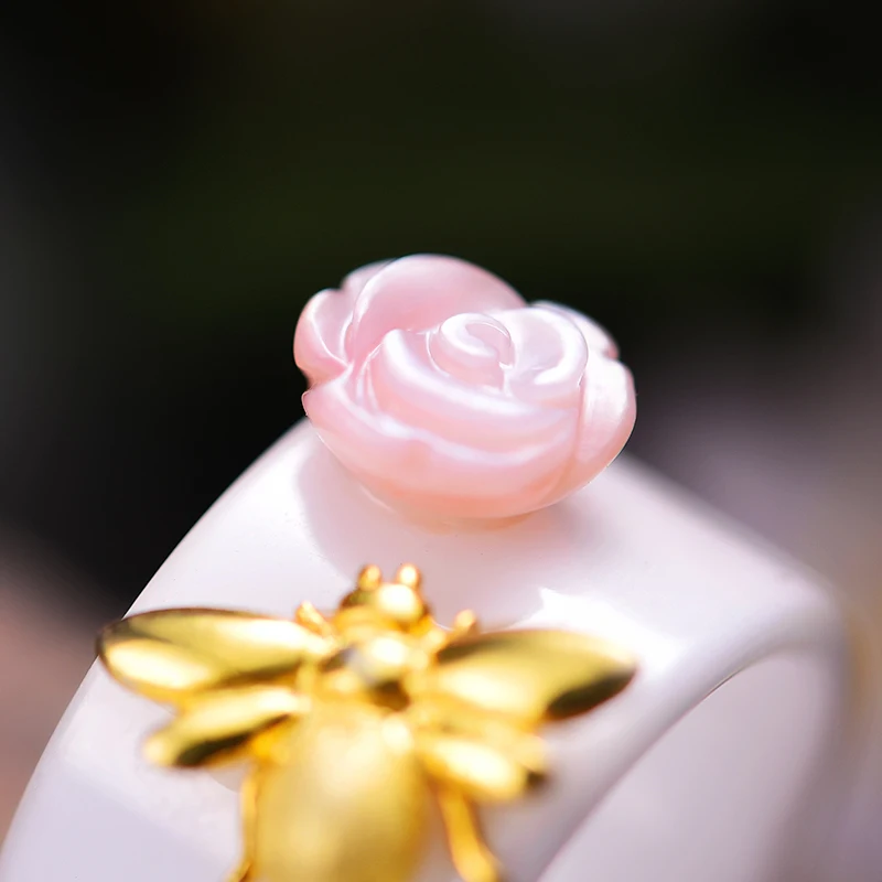 Lotus Fun 925 Sterling Silver Bees kissing Roses Jewellery Silver Ring For Women Girl Jewelry Wholesale