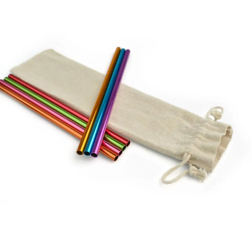 
7 pcs Food Grade Smoothie Size Aluminum Straws in Different Colors with 1 Cleaning Brush in the cloth bag set 