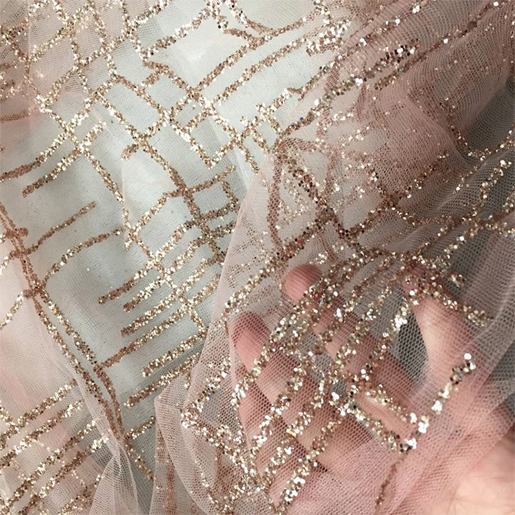 Wholesale Nigerian Champagne Gold Glitter Tulle Lace Fabric Sequin Online For Sparkle French Fashion Clothing Mesh Trim Material