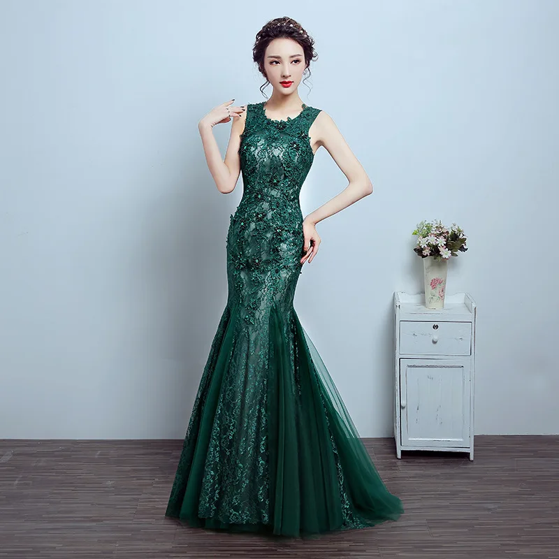 
Q027 Sleeveless Deep Green wedding evening party dress Elegant Lace Mermaid Mother of Bride Dress 