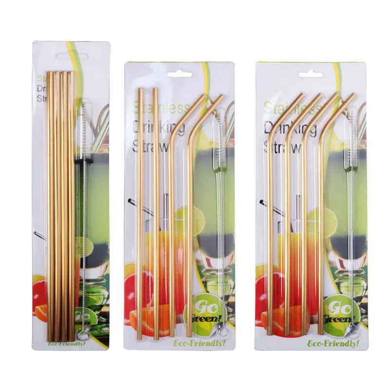 Eco-friendly reusable metal drinking straw stainless steel straw set with brush in blister card packing/215*6mm(20oz)