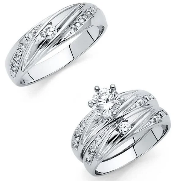 Набор свадебных колец 14 к из белого золота с круглым вырезом и имитацией